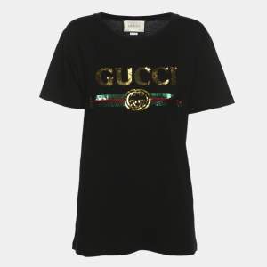 Pre Owned Gucci Black Jersey Sequin Embellished Tiger Logo T-Shirt XXS