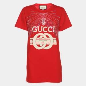 Pre Owned Gucci Red Jersey Embellished Logo T-Shirt S