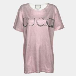 Pre Owned Gucci Pink/White Glitter Jersey Logo Print T-Shirt S