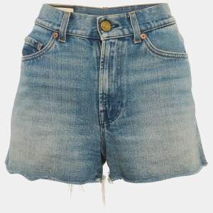 Pre Owned Gucci Blue Denim Strawberry Applique Shorts S/Waist 25"