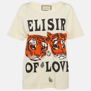 Pre Owned Gucci Cream Tiger Print Jersey T-Shirt XS