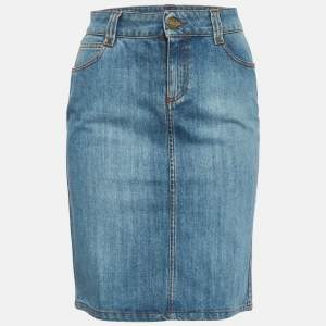 Pre Owned تنورة غوتشي جينز زرقاء مطرزة بزهور GG مقاس صغير (سمول)