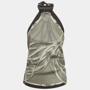 Pre Owned Gucci Brown Printed Silk Halter Neck Scarf Top One Size