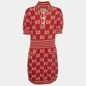 Pre Owned Gucci Red GG Intarsia Cotton Knit Polo Dress XL