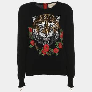 Pre Owned Gucci Black Cashmere Knit Tiger Embroidered Sweater L
