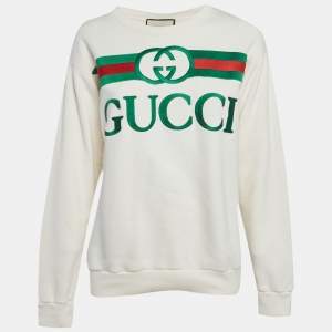 Pre Owned Gucci Cream Web Print Logo Oversized Sweatshirt XS