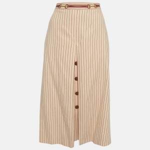 Pre Owned Gucci Cream/Red Striped Wool Horsebit Detail Midi Skirt L