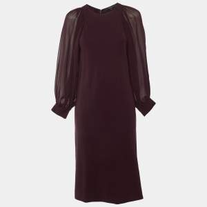 Pre Owned Gucci Burgundy Stretch Knit Bishop Sleeve Midi Dress L
