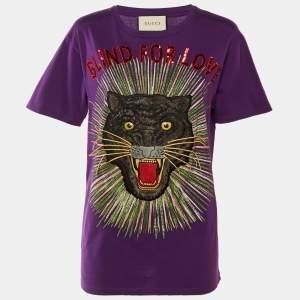 Pre Owned Gucci Purple Cotton Blind For Love Appliqued T-Shirt S
