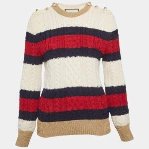 Pre Owned Gucci White Striped Cable Knit and Lamé Sweater XL