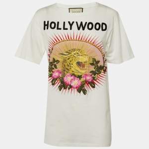 Pre Owned Gucci White Cotton Hollywood Floral Appliqued T-Shirt XS