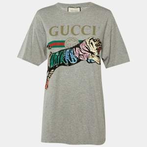 Pre Owned Gucci Grey Logo Print Cotton Tiger Embellished T-Shirt S