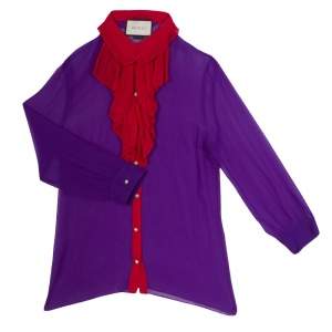 Gucci Purple Silk Chiffon Contrast Plisse Ruffle Detail Sheer Blouse M