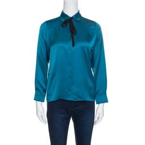 Gucci Peacock Blue Silk Satin Ribbon Tie Detail Long Sleeve Shirt S