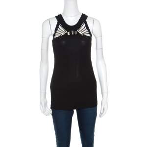 Gucci Black Knit Metal Embellished Cut Out Detail Halter Top M