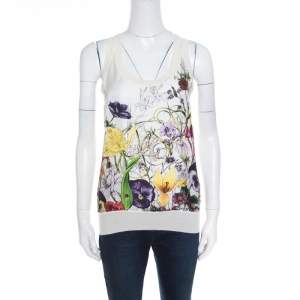 Gucci Off White Floral Printed Silk Paneled Knit Sleeveless Top M