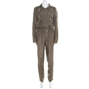 Gucci Olive Green Silk Clinched Waist Tapered Jumpsuit M