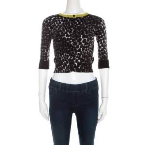 Pre Owned Gucci Black and White Cashmere Printed Cropped Cardigan XS