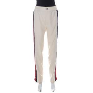 Pre Owned Gucci Beige Wool & Silk Blend Striped Side Seam Snap Button Detail Sweatpants S