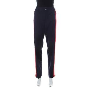 Pre Owned Gucci Navy Blue Wool & Silk Blend Striped Side Seam Snap Button Detail Sweatpants S
