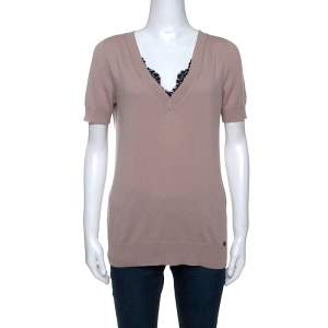 Pre Owned Gucci Dusky Pink Cashmere Knit Lace Trim V-Neck Top L