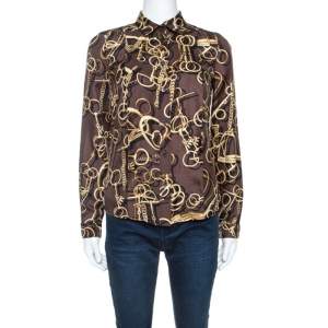 Gucci Brown Silk Horsebit Print Button Front Blouse S