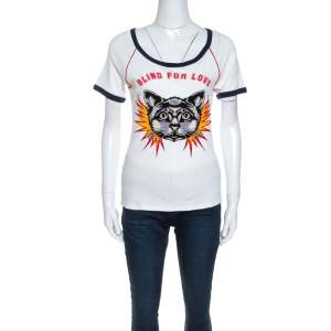 Gucci White Cotton Cat Applique Detail Blind For Love T-shirt S