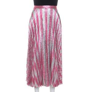 Pre Owned Gucci Metallic Pink Striped Pleated Midi Skirt M