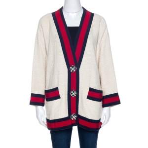 Pre Owned Gucci Off White Tweed Embellished Button Detail Oversized Jacket M