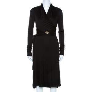Pre Owned Gucci Black Knit Wrapped Tie Detail Midi Dress S