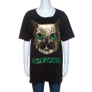 Gucci Black Mystic Cat Guccification Embellished T-Shirt M