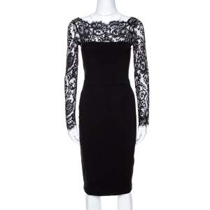 Gucci Black Knit Lace Trim Long Sleeve Sheath Dress XS