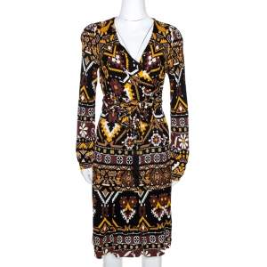 Pre Owned فستان غوتشي مزين برباط أمامي جيرسية مطبوع نقوش هندسية متعدد الألوان مقا س كبير (لارج)