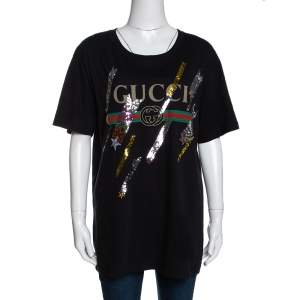 Gucci Black Sequin Embellished Cotton Shooting Stars T Shirt M