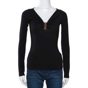 Gucci Black Stretch Cotton Gathered Long Sleeve Top XS