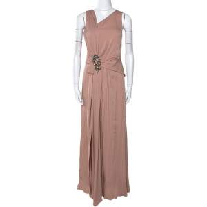 Gucci Pale Pink Silk Crepe Brooch Detail Draped Gown M