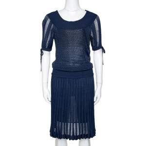 Gucci Navy Blue Perforated Knit Pleated Midi Dress XS