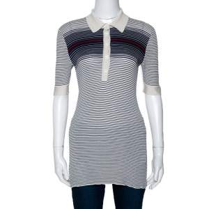 Gucci Cream & Navy Striped Silk Knit Polo Top M 