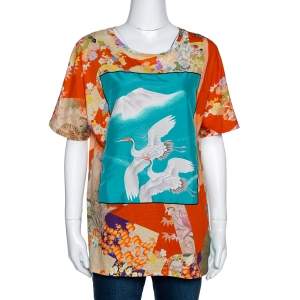 Gucci Orange & Teal Floral Bird Print T Shirt XL