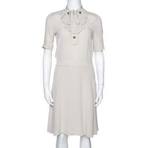 Gucci Light Beige Silk Ruffled Tie Neck Dress S