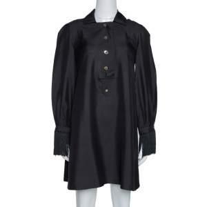 Gucci Black Raw Silk Fringe Detail Long Sleeve Tunic Dress M