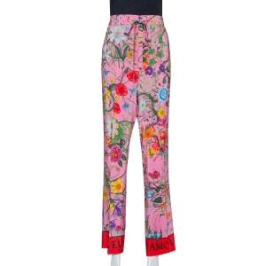 Pre Owned Gucci Pink Snake Flora Print Silk Straight Leg Trousers L