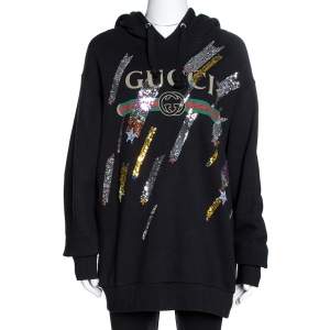 Pre Owned Gucci Black Logo Print Cotton Star Sequin Embellished Sweatshirt M