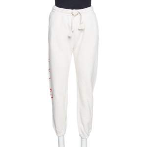 Pre Owned Gucci Ecru Cotton Jersey Logo Print Joggers XS