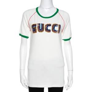 Pre Owned Gucci Cream Knit Sequin Logo Applique Fitted T Shirt XL 