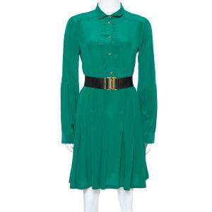 Pre Owned Gucci Green Silk Crepe Belted Shirt Dress M