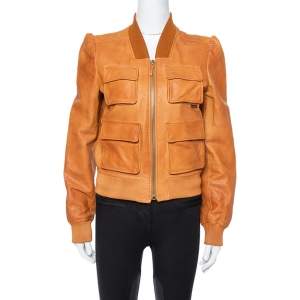 Pre Owned Gucci Tan Leather Floral Printed Cropped Bomber Jacket M