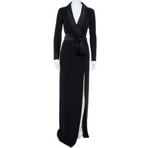 Gucci Black Silk Shawl Lapel Belted Maxi Dress M