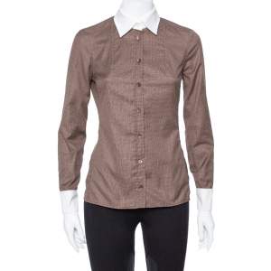 Pre Owned Gucci Brown Cotton Contrast Collar Long Sleeve Shirt S