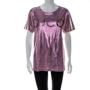 Pre Owned Gucci Metallic Pink Cotton Blind For Love Applique T-Shirt XS